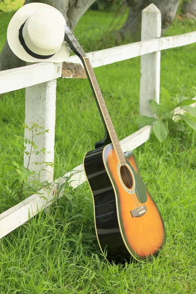 Tek gitar karşı yeşil çimen — Stok fotoğraf