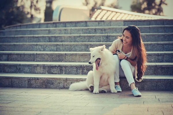 Flicka leker med hund — Stockfoto