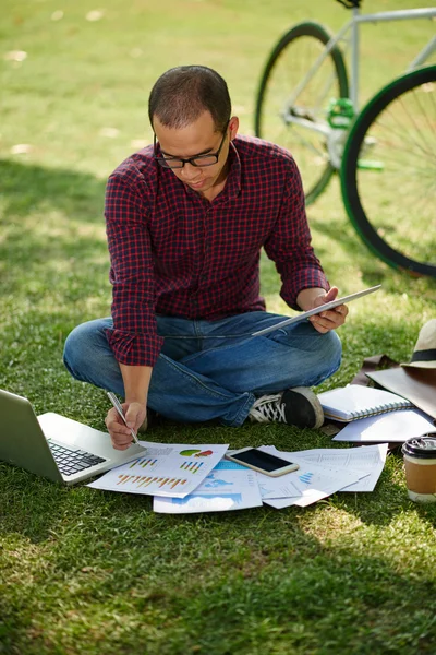 Geschäftsmann arbeitet im Park — Stockfoto