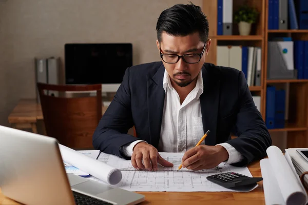 Architect precisely examining plan — Stock Photo, Image