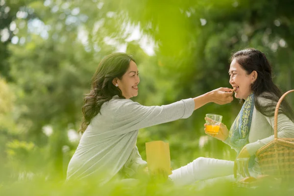 Donna anziana nutrire il suo amico — Foto Stock