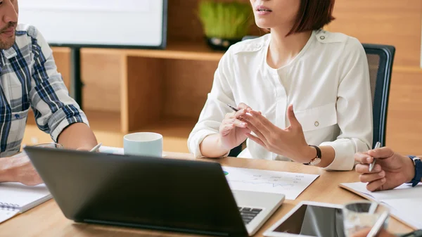 Mujer explicando su idea a sus colegas — Foto de Stock