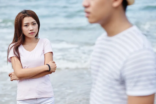 Unhappy girl with boyfriend — Stock Photo, Image