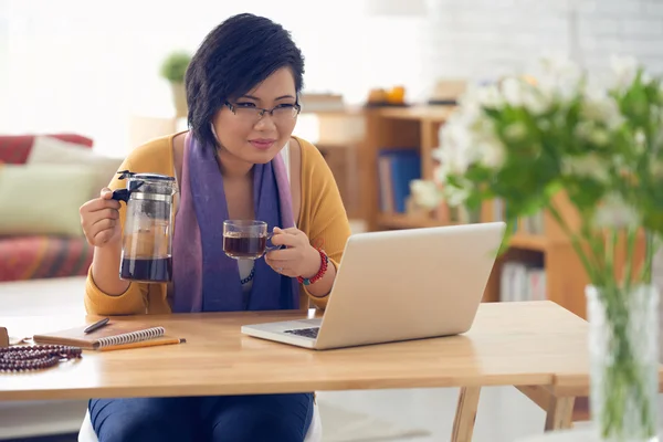 Kadın laptop haber okuma — Stok fotoğraf