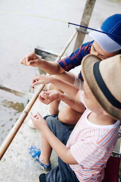 Father Explaining Preteen Son How Put Lure Hook Fishing Rod — Stock Photo, Image