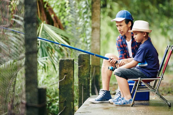 Serious Father Son Fishing Together New Rod Waiting Fish Bite — Stock Photo, Image