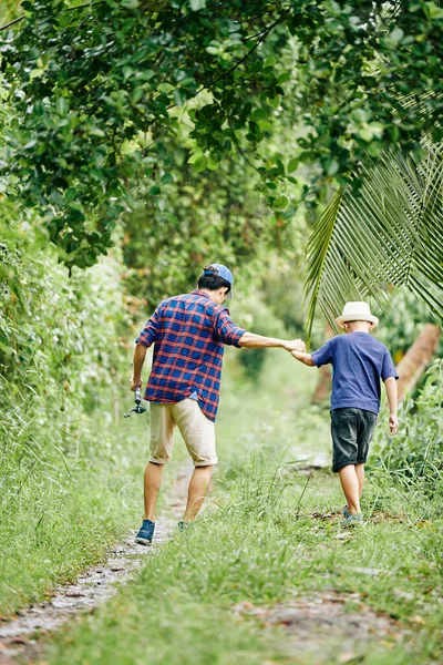 Father Son Holding Hands Walking Woods — Stock Photo, Image