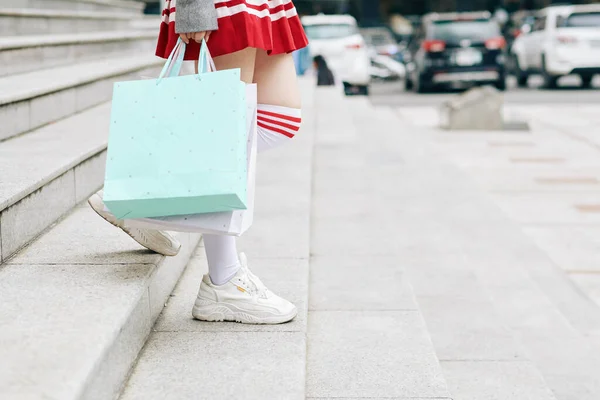 Korean School Girl Leaving Mall Shopping Bags Hands — Stock Photo, Image