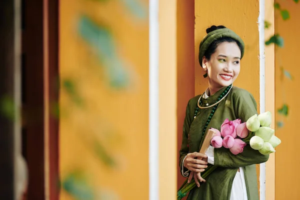 Happy Young Woman Dai Dress Standing Outdoors Pink White Lotus — Stock Photo, Image