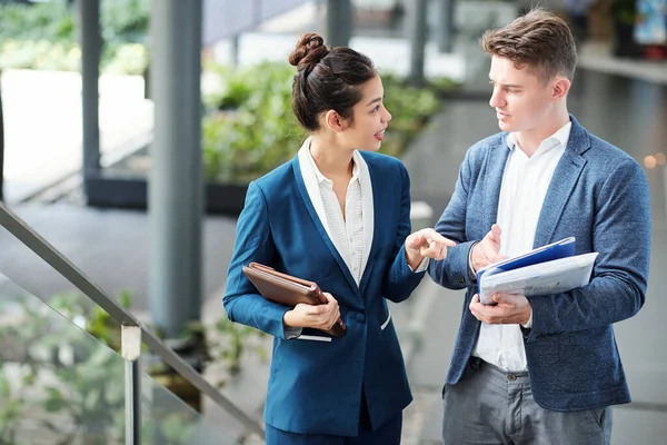 Serious Young Entrepreneur Discussing Report His Female Coworker — Stock Photo, Image