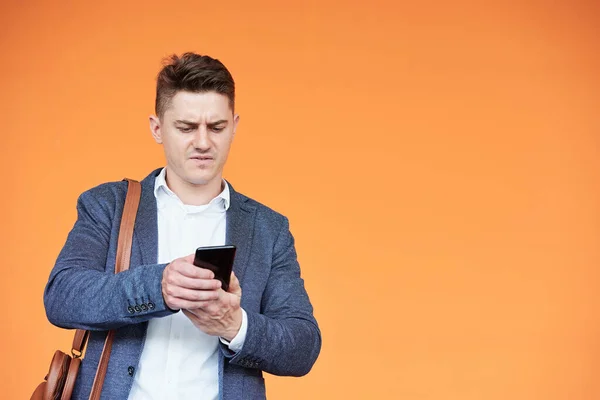 Angry Young Entrepreneur Reading Text Message Client Colleague Isolated Bright — Stock Photo, Image