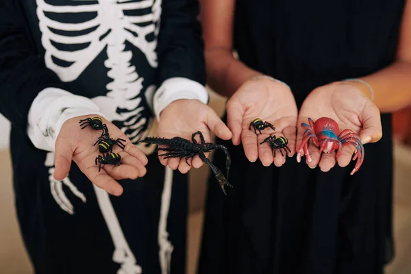 Χέρια Των Παιδιών Στο Πάρτι Απόκριες Δείχνει Τρομακτικό Πλαστικό Αράχνες — Φωτογραφία Αρχείου
