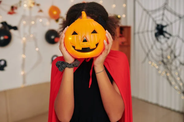 Girl Red Cape Posing Plastic Jack Lantern Halloween Party — Stock Photo, Image