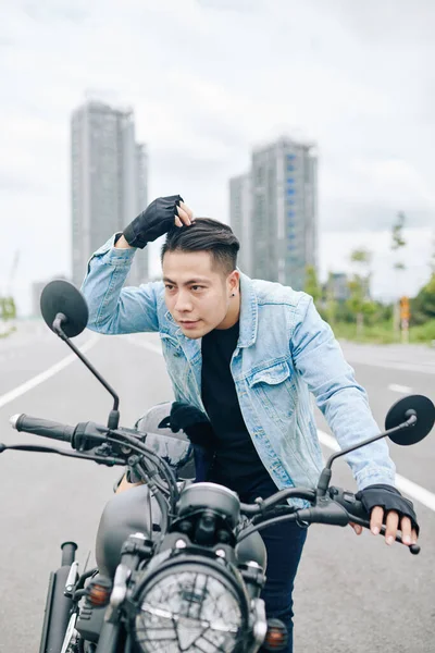 Handsome Young Vietnamese Man Looking Mirror Motorcycle Fixing His Hair — Stock Photo, Image