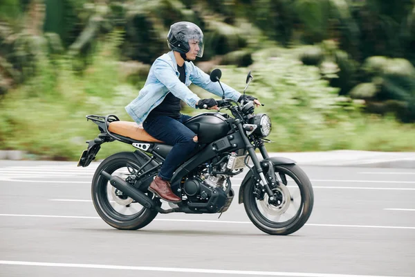 Young Asian Man Concentrated Road Riding Fast Highway — Stock Photo, Image