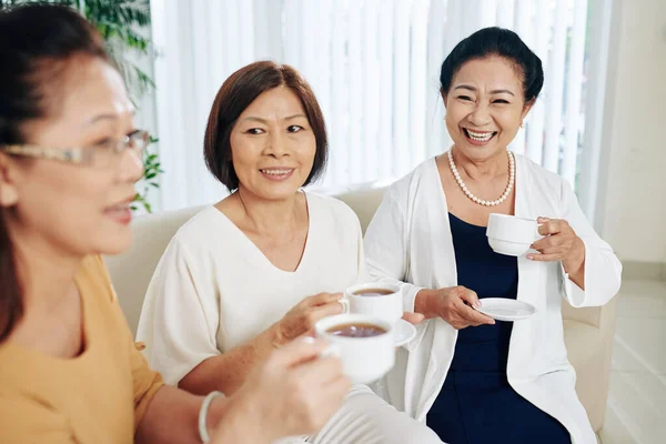 Group Cheerful Senior Female Friends Gathered Home Drink Tea Discuss — Stock Photo, Image