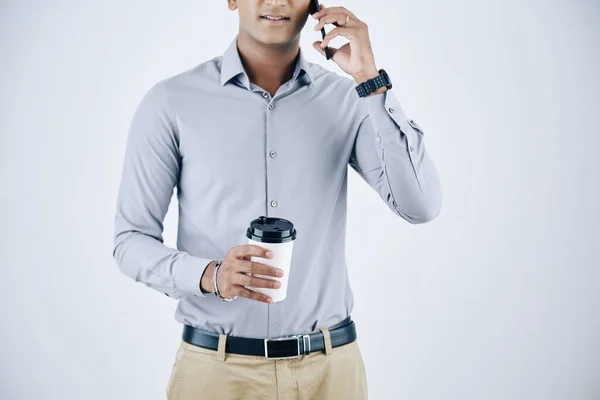 Cropped Image Confident Businessman Cup Take Away Coffee Talking Phone — Stock Photo, Image