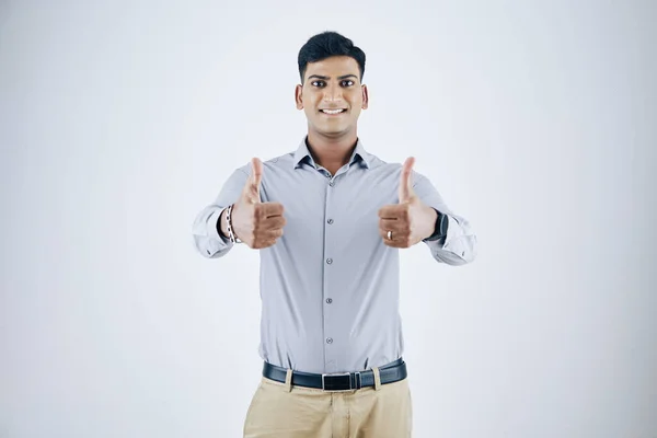 Portrait Happy Excited Young Indian Businessman Showing Thumbs Looking Camera — Stock Photo, Image