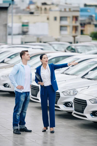 Kadın Araba Galerisi Müdürü Müşteriye Arabaları Gösteriyor Iyisini Seçmesine Yardım — Stok fotoğraf