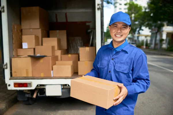 Portrait Cheerful Vietnamese Delivery Man Cardboard Box Standing Cargo Van — Stock Photo, Image
