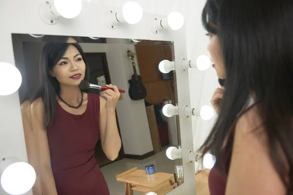 Attractive Young Asian Woman Applying Make Front Mirror Getting Ready — Stock Photo, Image