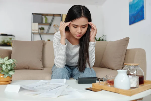 Stressed Young Asian Woman Feeling Anxiety Calculating Household Earnings Expenses — Stock Photo, Image