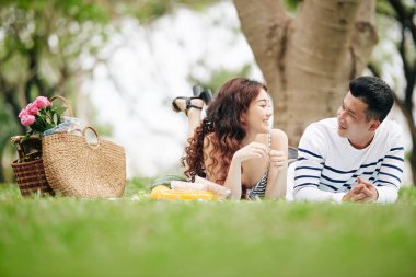 Şehir parkında battaniyeye uzanmış sohbet edip flört eden genç bir sevgili.