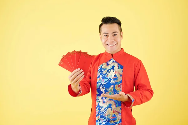 Happy Young Asian Man Showing Lucky Money Envelopes Prepared Chinese — Stock Photo, Image