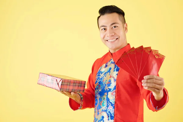 Portrait Cheerful Young Asian Man Holding Lucky Money Envelopes Present — Stock Photo, Image