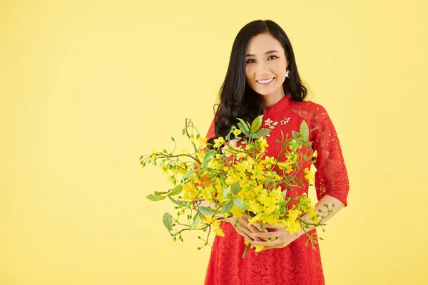 Šťastná Mladá Asijská Žena Pózující Kvetoucími Větvemi Meruňkového Stromu Připravila — Stock fotografie