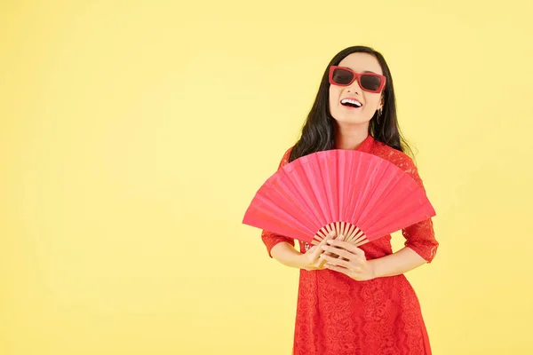 Attractive Laughing Young Woman Sunglasses Red Dress Posing Paper Fan — Stock Photo, Image