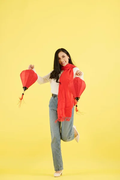 Hermosa Joven Asiática Bailando Con Linternas Papel Para Celebración Del — Foto de Stock