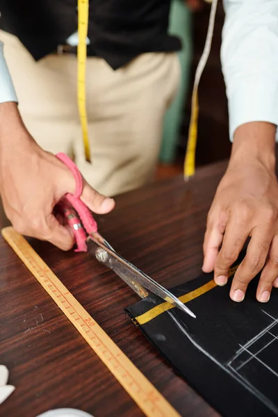 Close Image Tailor Cutting Out Bespoke Jacket Detail Sharp Scissors — Stock Photo, Image