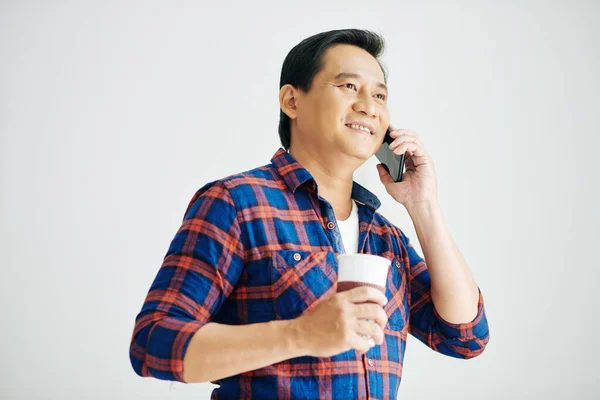 Portrait Positive Mature Man Drinking Take Out Coffee Calling Phone — Stock Photo, Image