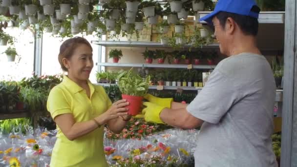 Medium Shot Van Verouderde Aziatische Vrouw Kopen Plant Bloemenwinkel Tijdens — Stockvideo