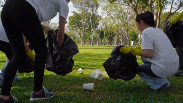 Encierro Varios Voluntarios Asiáticos Que Recogen Residuos Domésticos Del Césped — Vídeos de Stock