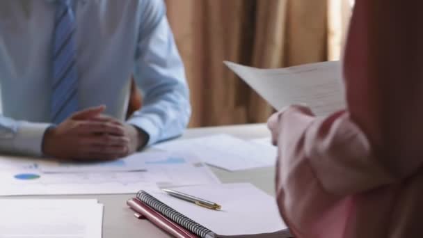 Close Man Sitting Desk Shaking Entered Woman Hand Asking Her — Stock Video