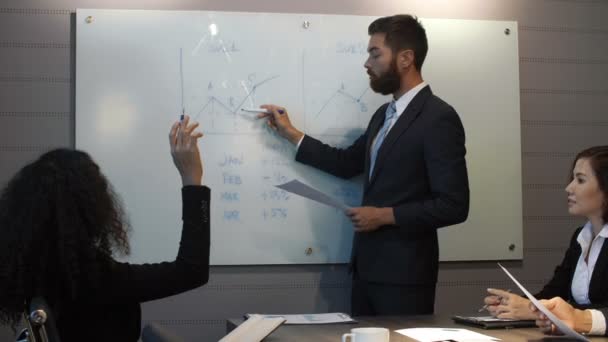 Tiro Medio Mano Hombre Negocios Barbudo Con Traje Corbata Apuntando — Vídeos de Stock