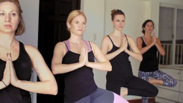 Vier Junge Kaukasische Frauen Sportkleidung Üben Baumposen Während Eines Yoga — Stockvideo