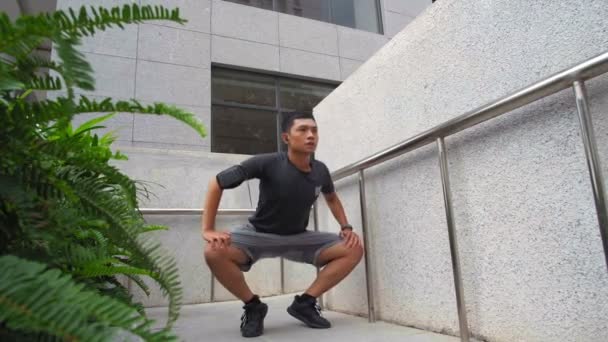 Wide Shot Young Asian Sporty Man Sport Wear Doing Warm — Stock Video