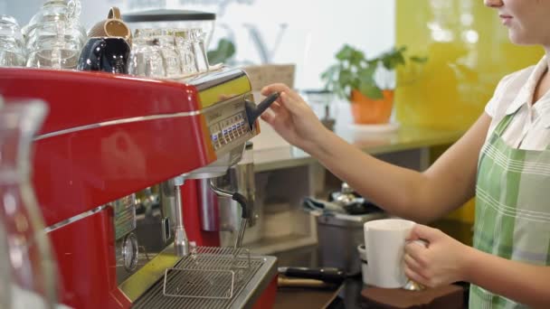 一方でコーヒーのための白いカップを保持し 他の手でコーヒーマシンレバーを押し コーヒーを作る女性バリスタのロックダウン — ストック動画
