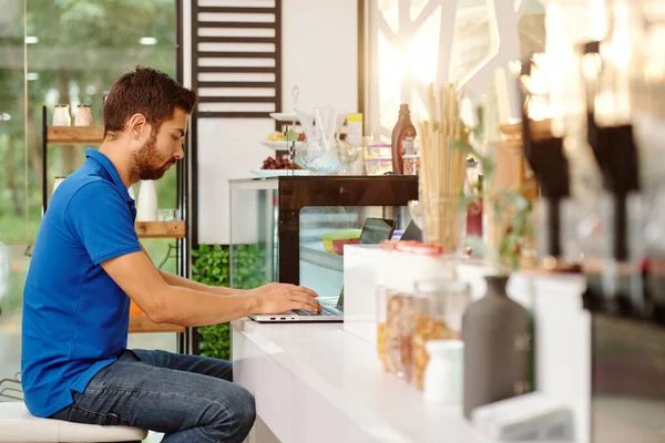 Fiatal Koncentrált Kávé Tulajdonos Dolgozik Laptop Amikor Pultnál Várja Ügyfelek — Stock Fotó