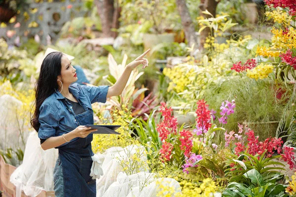 Ernstig Mooi Jong Vietnamees Vrouw Kiezen Plats Voor Haar Tuin — Stockfoto