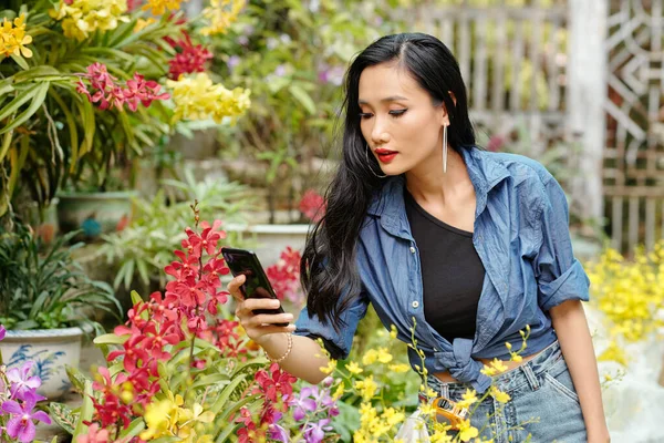 Mulher Vietnamita Muito Jovem Tirar Fotos Belas Flores Estufa Para — Fotografia de Stock