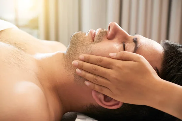 Calm Handsome Young Man Enjoying Relaxing Rejuvenating Face Massage Beauty — Stock Photo, Image