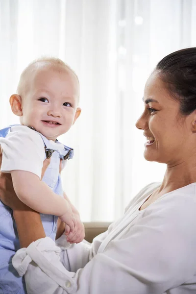 Happy Pretty Young Mixed Race Woman Looking Baby Boy Her — Stock Photo, Image