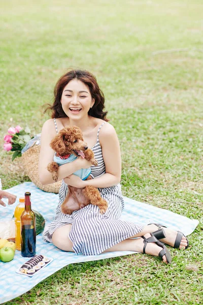 Happy Excited Young Woman Sitting Blanket Park Playing Her Adorable — 스톡 사진