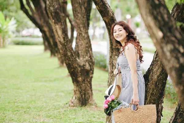 Portrait Lovely Young Asian Woman Summer Dress Standing City Park — Stock Photo, Image