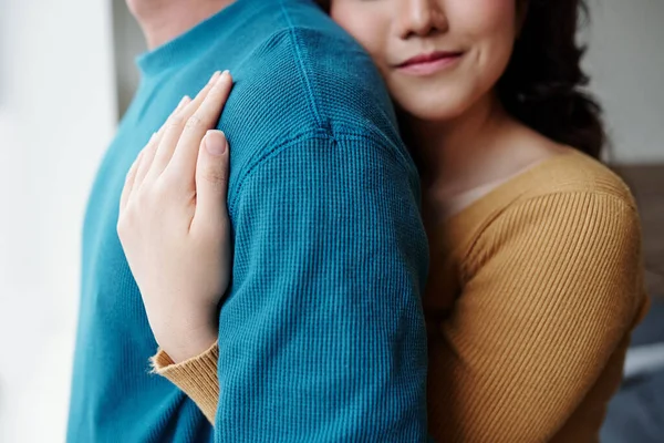 Cropped Image Young Woman Love Hugging Boyfriend Standing Window — Stock Photo, Image