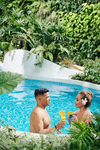 Beautiful Couple Love Spending Honeymoon Swimming Pool Spa Resort Talking — 스톡 사진